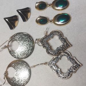 Goldtone Lot Of 4 Pair Earrings Rhinestone Etched Disc Sparkle Pierced